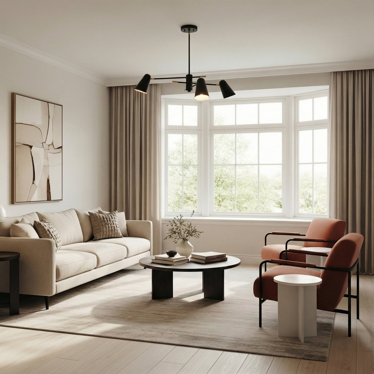 Selby Adjustable Chandelier 30" in Matte Black styled in a Modern Living Room with hardwood floors.