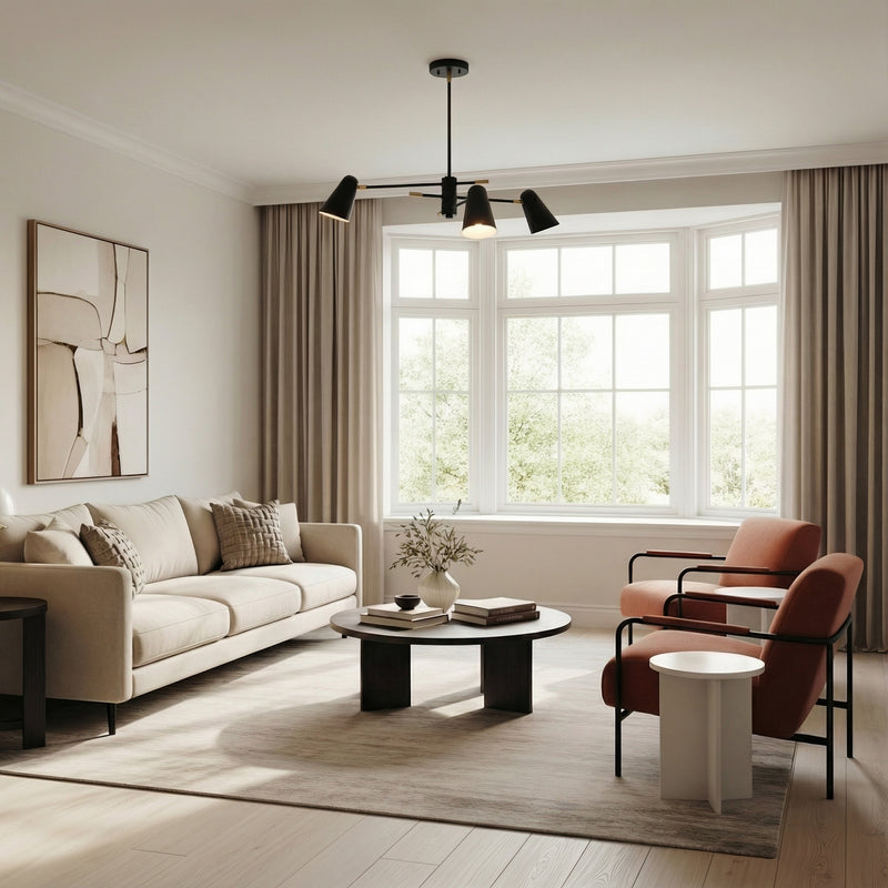 Selby Adjustable Chandelier 30" in Matte Black styled in a Modern Living Room with hardwood floors.