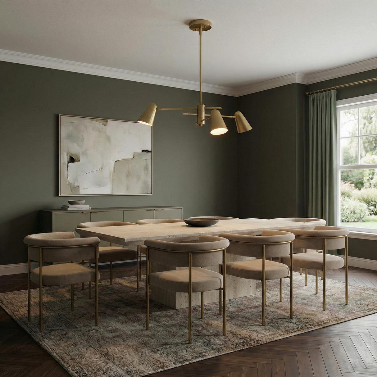 Selby Adjustable Chandelier 30", Satin Brass geometric Chandelier in a Contemporary Dining Room with a stone table and olive walls.