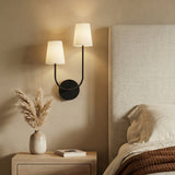 Greta Double Wall Sconce, Black styled in a Contemporary Bedroom with textured walls.