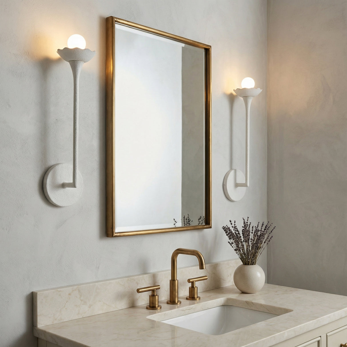 Posey Wall Sconce 16", Textured White with Rustic Brass Accents for Modern home with Textured Walls