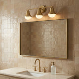 Skylar 3 Light Vanity, Satin Brass for Modern home with Beige Tile