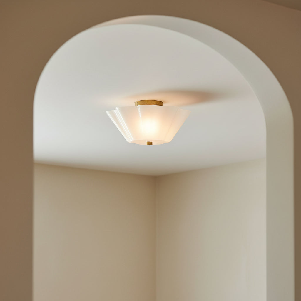 Connie Semi-Flush 15, Rustic Brass and Opal Glass for Modern home with Beige walls