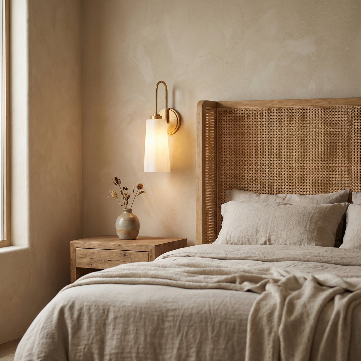 Connie Wall Sconce 17, Rustic Brass with Opal Glass for Modern Farmhouse home with Beige Walls