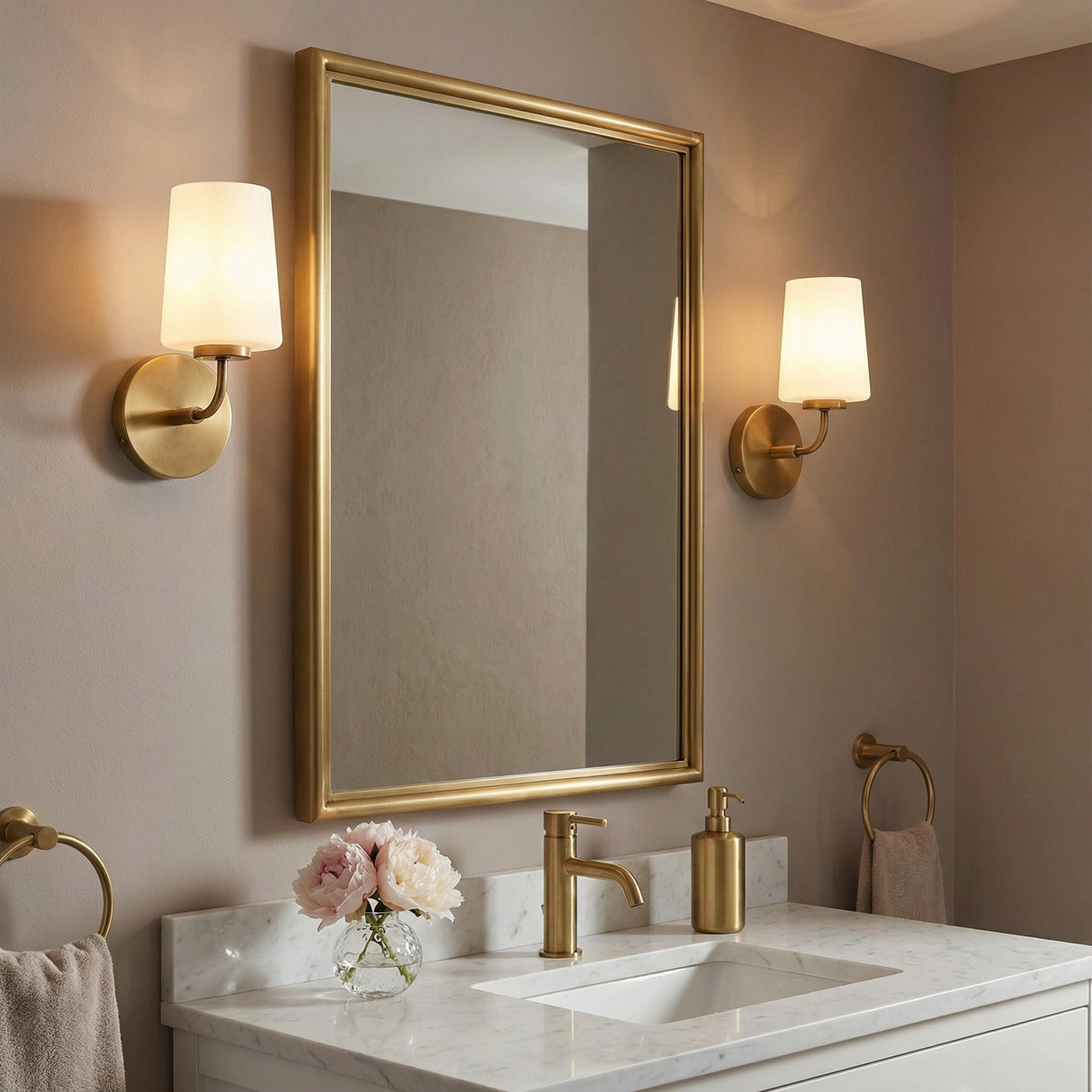 Wyatt Wall Sconce 11, Legacy Brass with Milk Glass for Modern home with Warm Beige walls