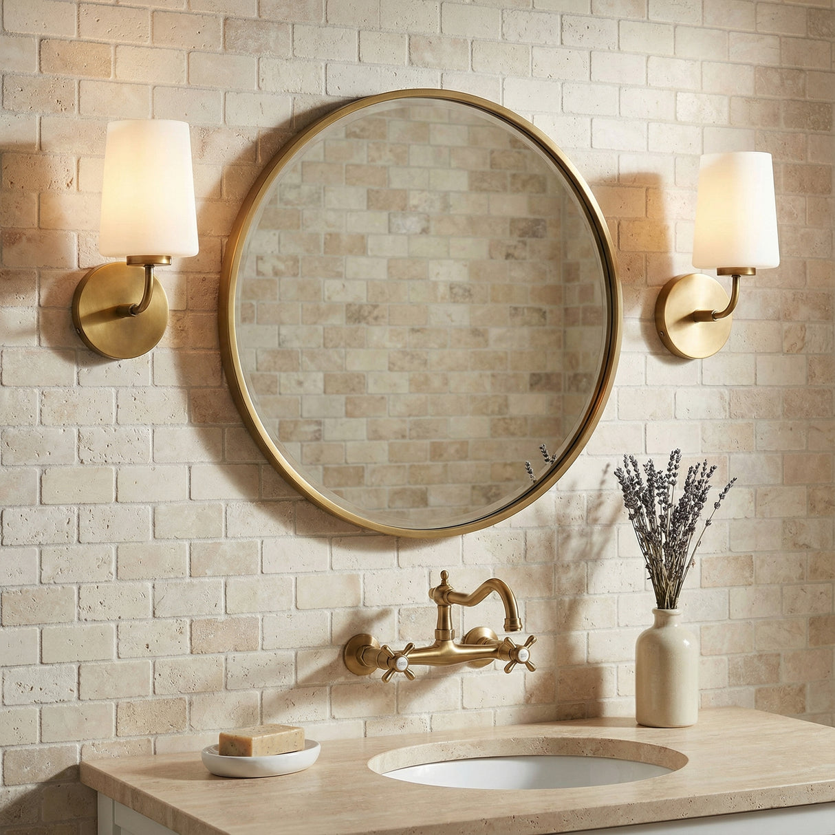 Wyatt Wall Sconce 11", Legacy Brass with Milk Glass for Transitional home with Beige Stone