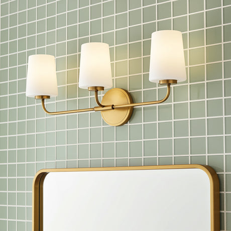 Wyatt 3 Light Vanity, Legacy Brass with Milk Glass for Modern home with Green Tile