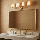 Wyatt 4 Light Vanity, Legacy Brass with Milk Glass for Transitional home with Beige wallpaper