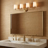 Wyatt 4 Light Vanity, Legacy Brass with Milk Glass for Transitional home with Beige wallpaper