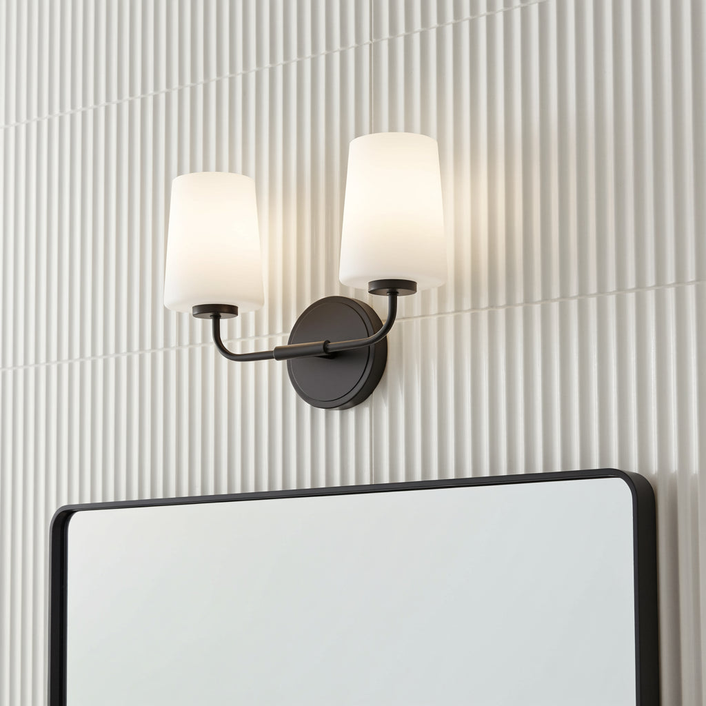 Wyatt 2 Light Vanity, Black with Milk Glass for Modern home with White Siding