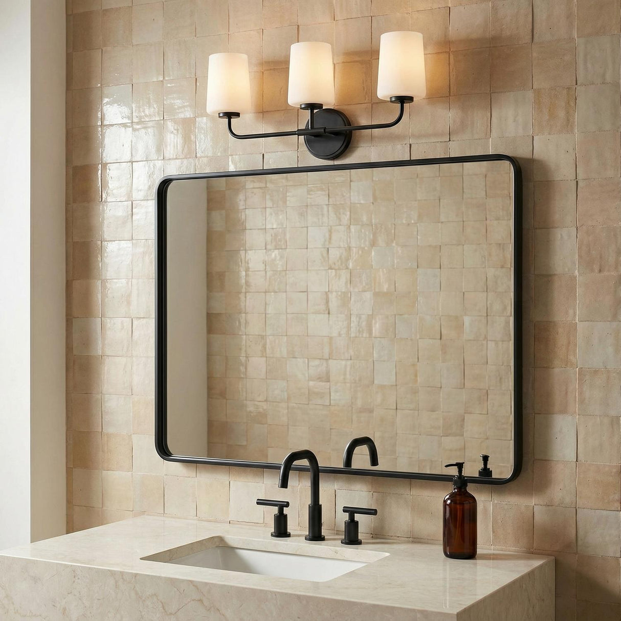 Wyatt 3 Light Vanity, Black with Milk Glass