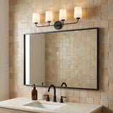 Wyatt 4 Light Vanity, Black with Milk Glass for Modern Farmhouse home with Beige Tile