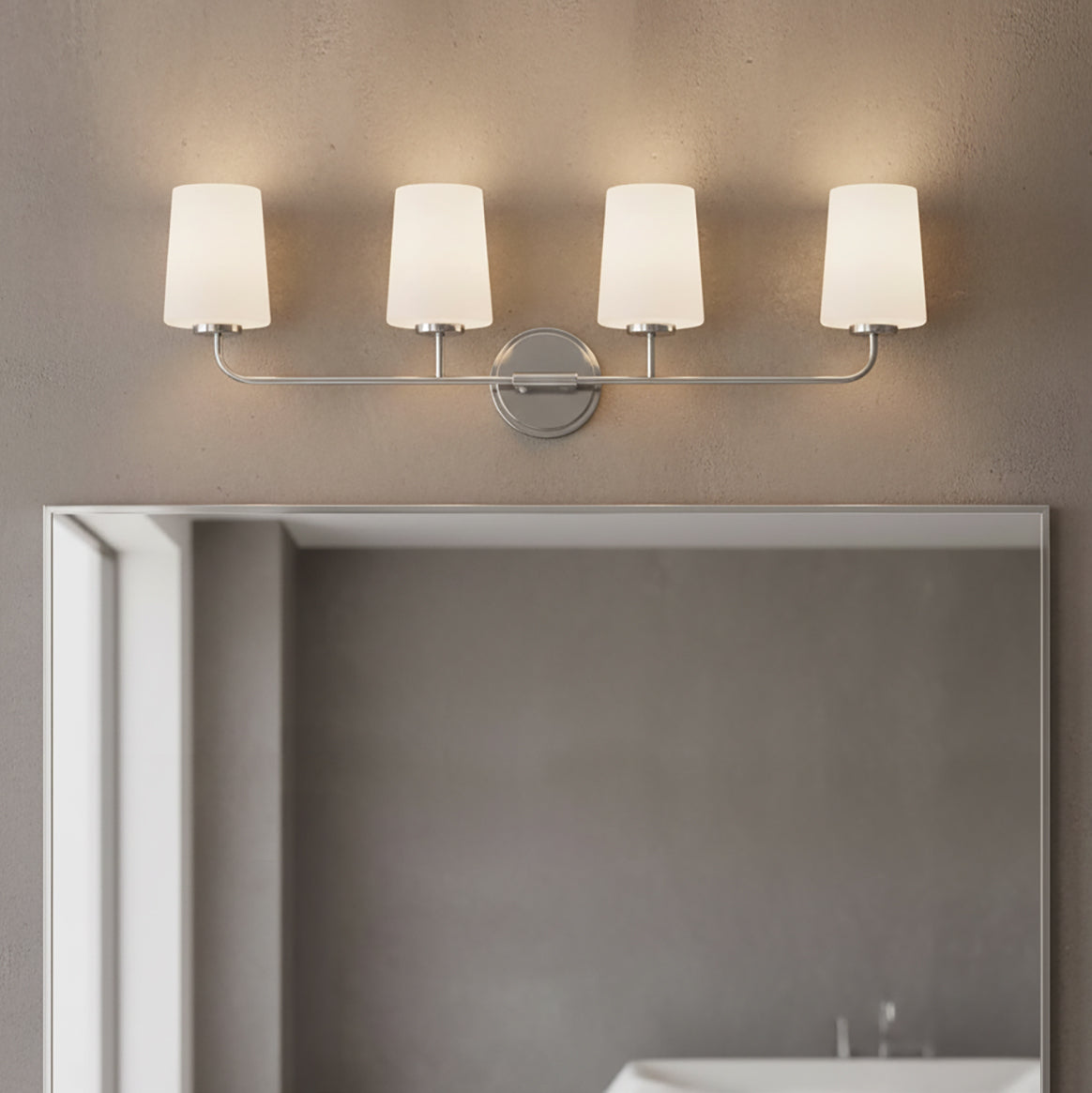 Wyatt 4 Light Vanity, Chrome with Milk Glass for Modern home with Gray walls