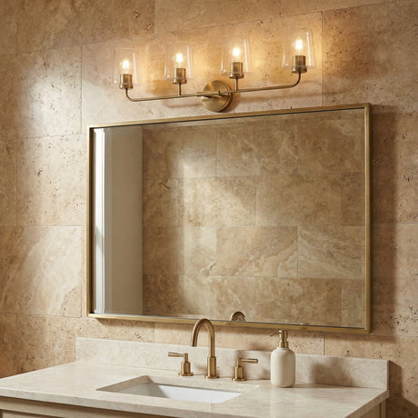 Wyatt 4 Light Vanity, Legacy Brass with Clear Glass for Transitional home with Travertine Stone