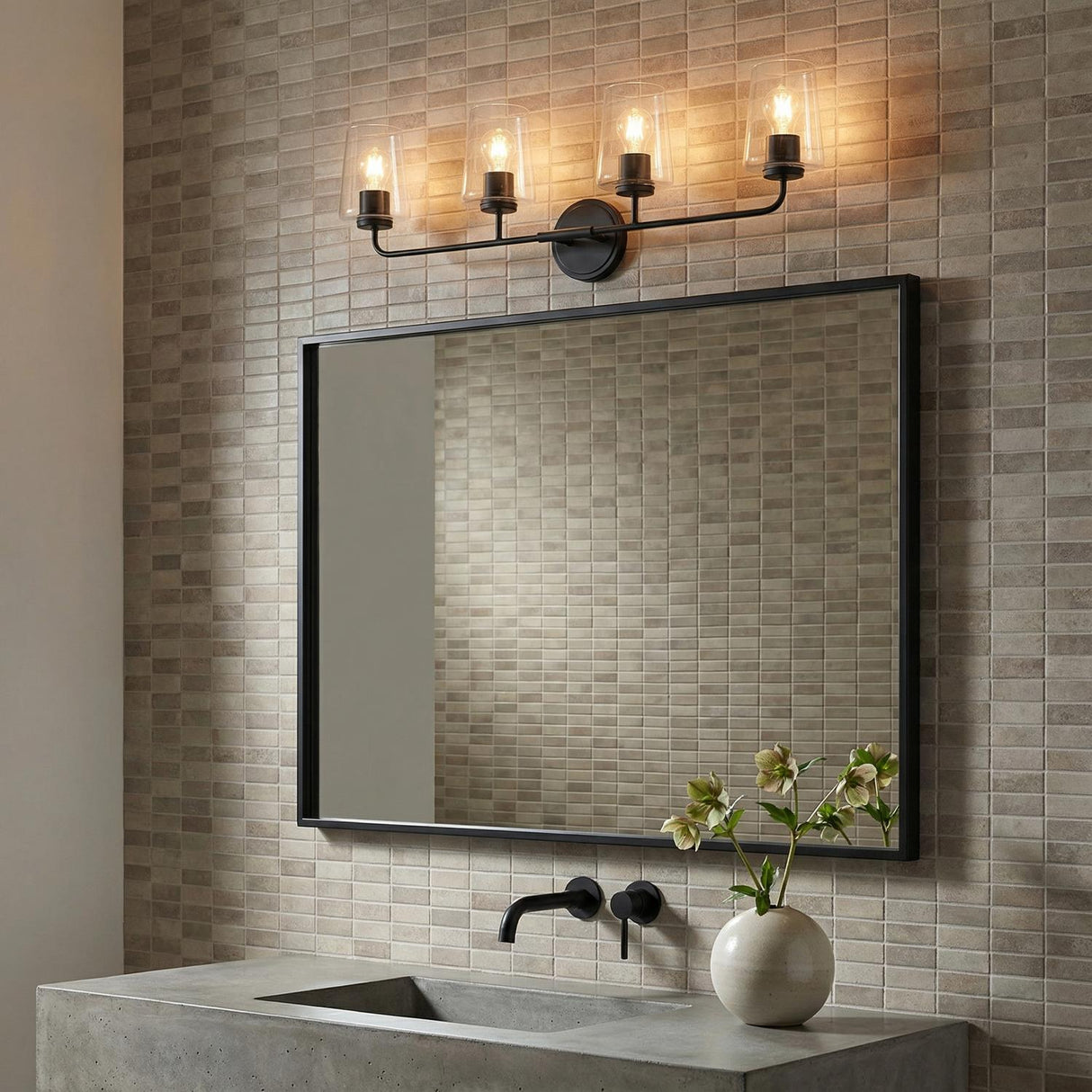 Wyatt 4 Light Vanity, Black with Clear Glass