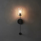 Wyatt Wall Sconce 23, Black with Clear Glass for Modern home with Dark Gray Textured Walls