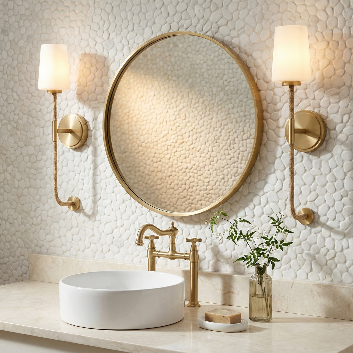 Wyatt Wall Sconce 23, Satin Brass with Natural Rope for Modern Farmhouse home with White Siding