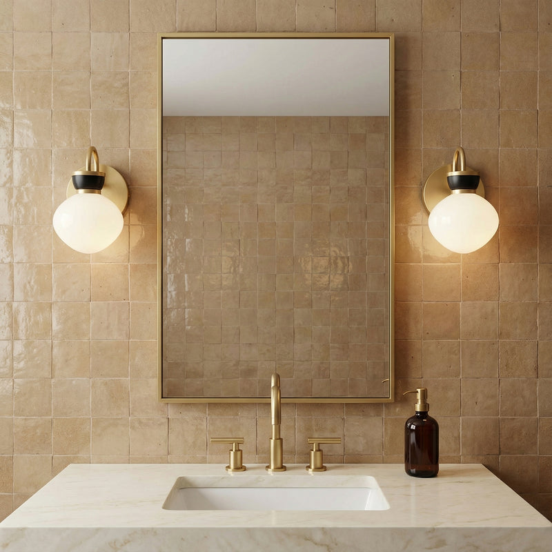 Piper Wall Sconce 9, Satin Brass and Black for Modern home with Warm Beige Tile