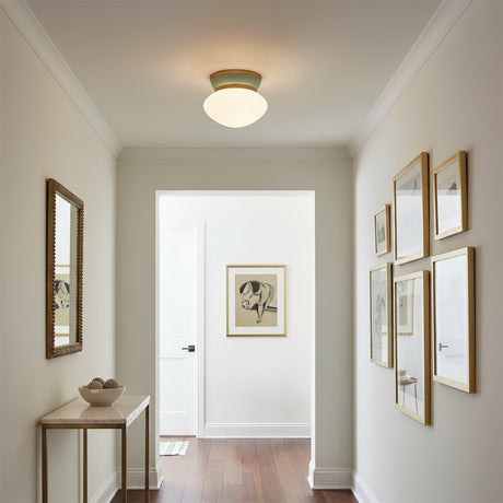 Piper Flush Mount 12, Satin Brass and Aquaverde - Flush mount ceiling light in a hallway