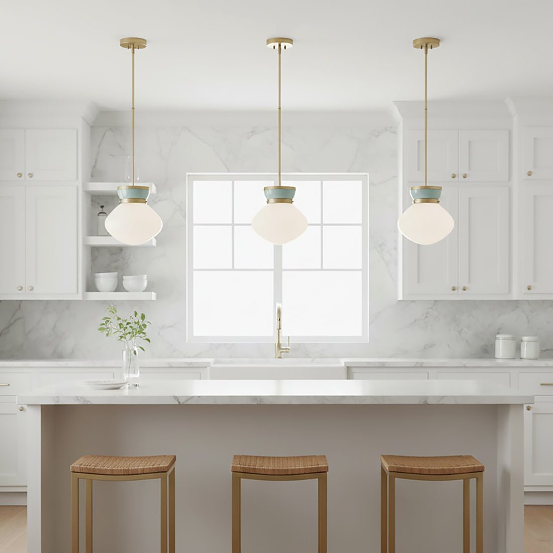 Piper Small Pendant 10, Satin Brass and Aquaverde - Three pendant lights hanging over kitchen island