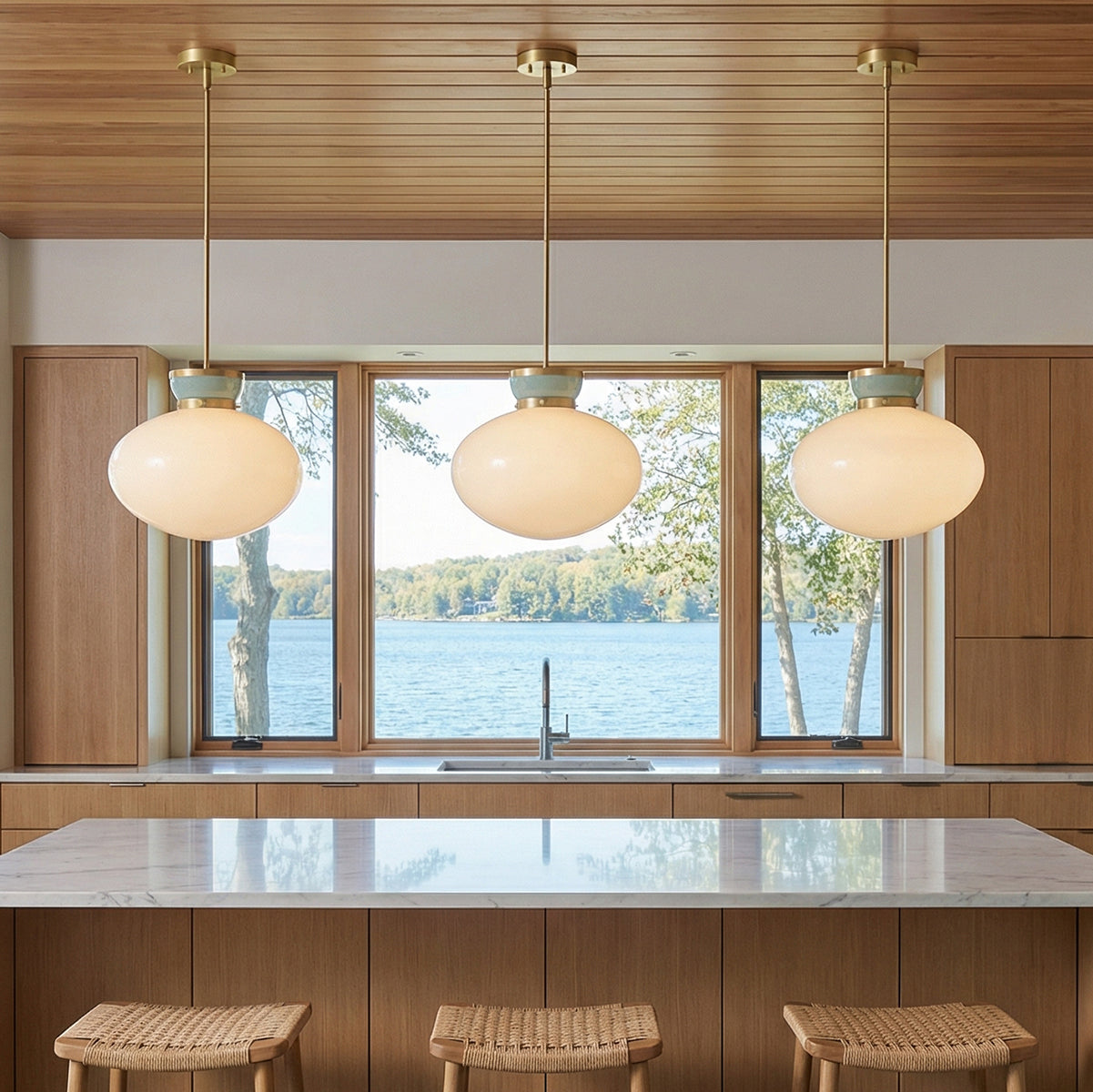 Piper Medium Pendant 15" for Modern home with Natural Wood Siding