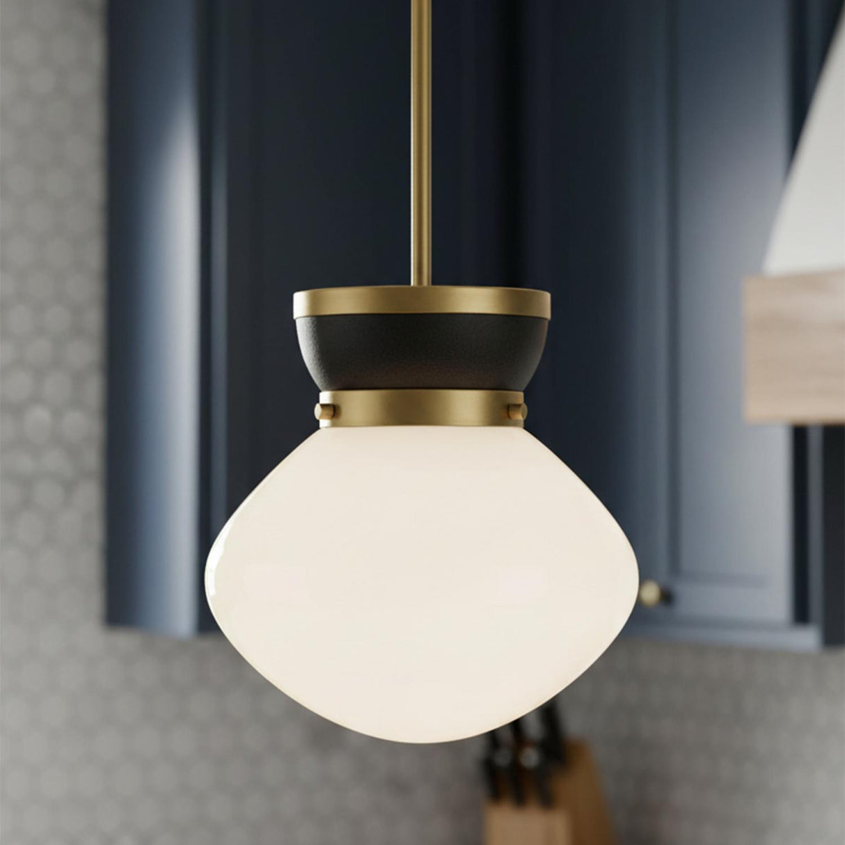 Piper Small Pendant 10 in Satin Brass and Black for Modern home with Dark Blue Cabinetry