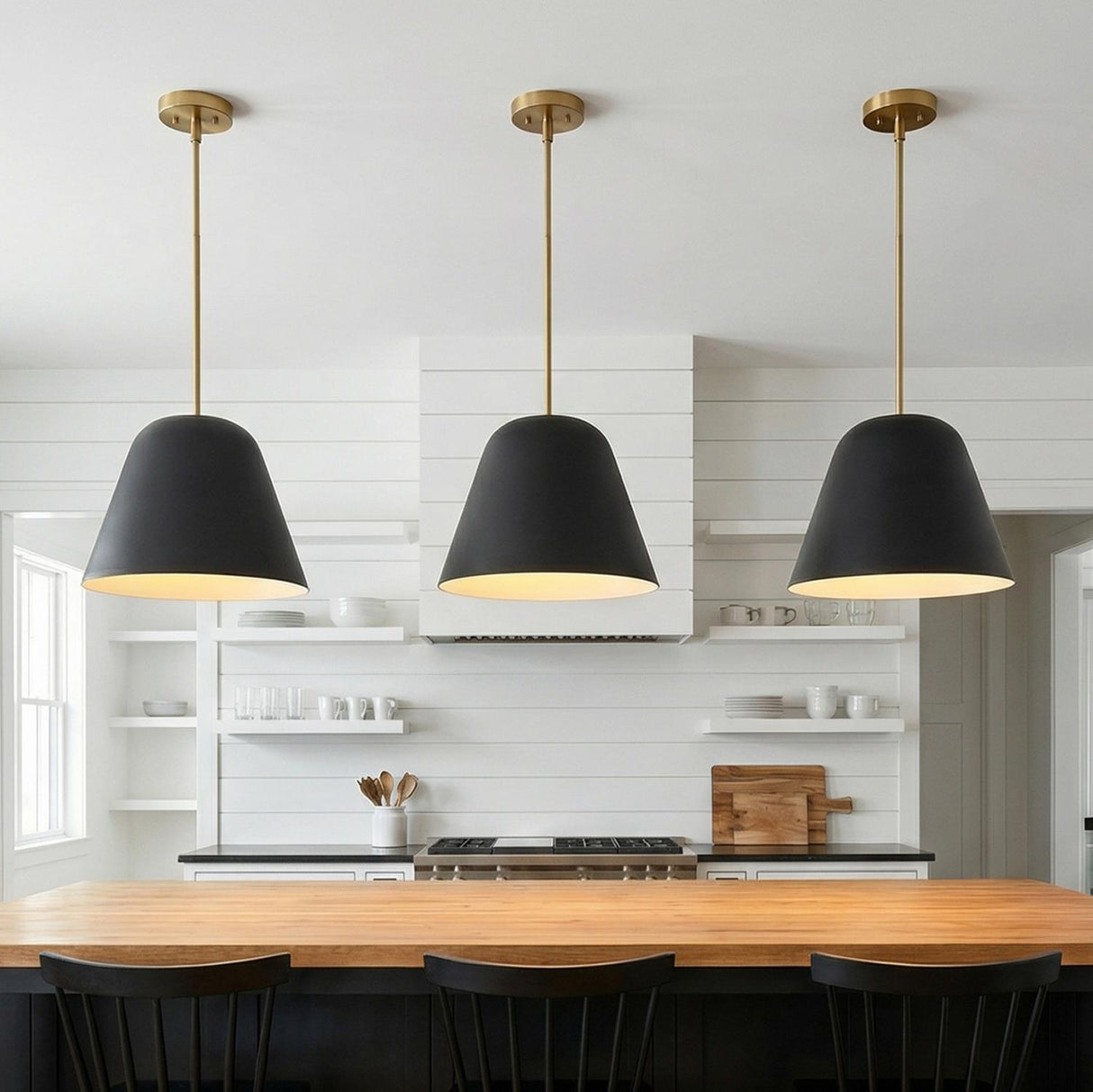 Ursa Pendant 16, Matte Black and Satin Brass for Modern Farmhouse home with White Shiplap