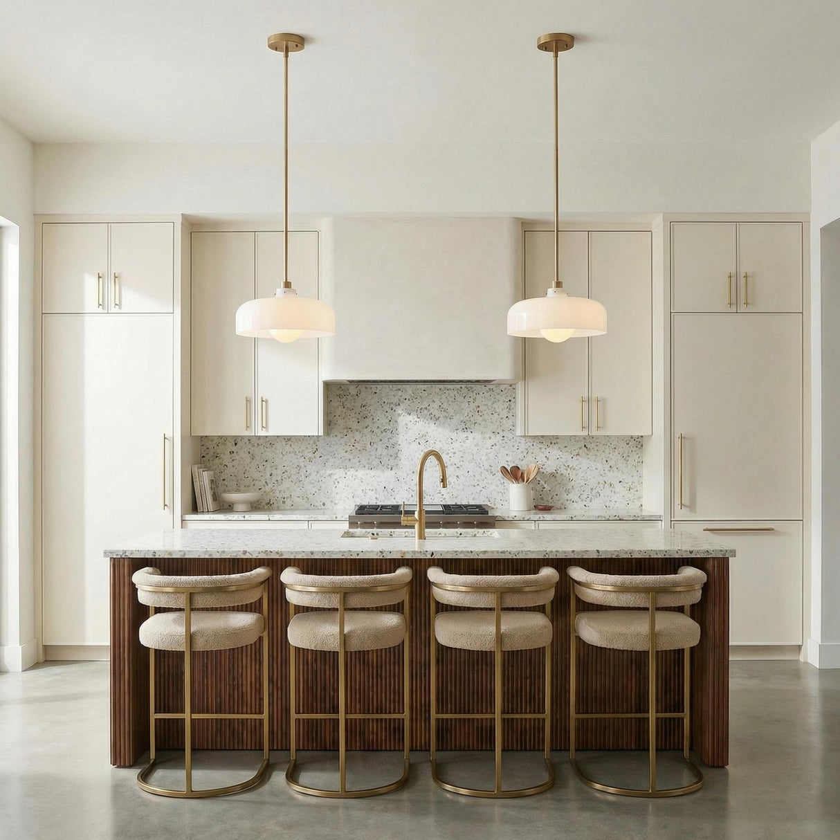 Sutton Pendant, Satin Brass with Milk Glass dome pendant in a Contemporary Kitchen with a terrazzo island and fluted wood.