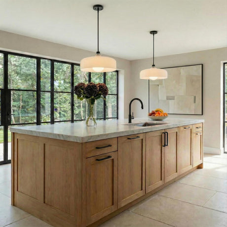 Alder Pendant 15", Black with Milk Glass