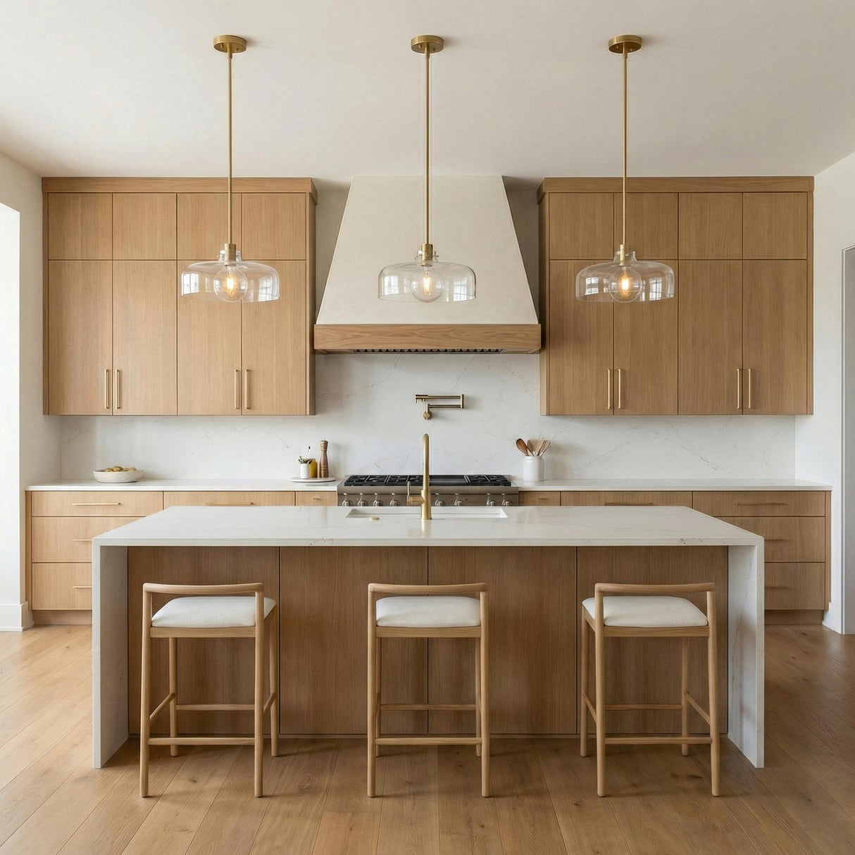 Alder Pendant, Satin Brass with Clear Glass geometric pendant in a Modern Farmhouse Kitchen with a white marble island.