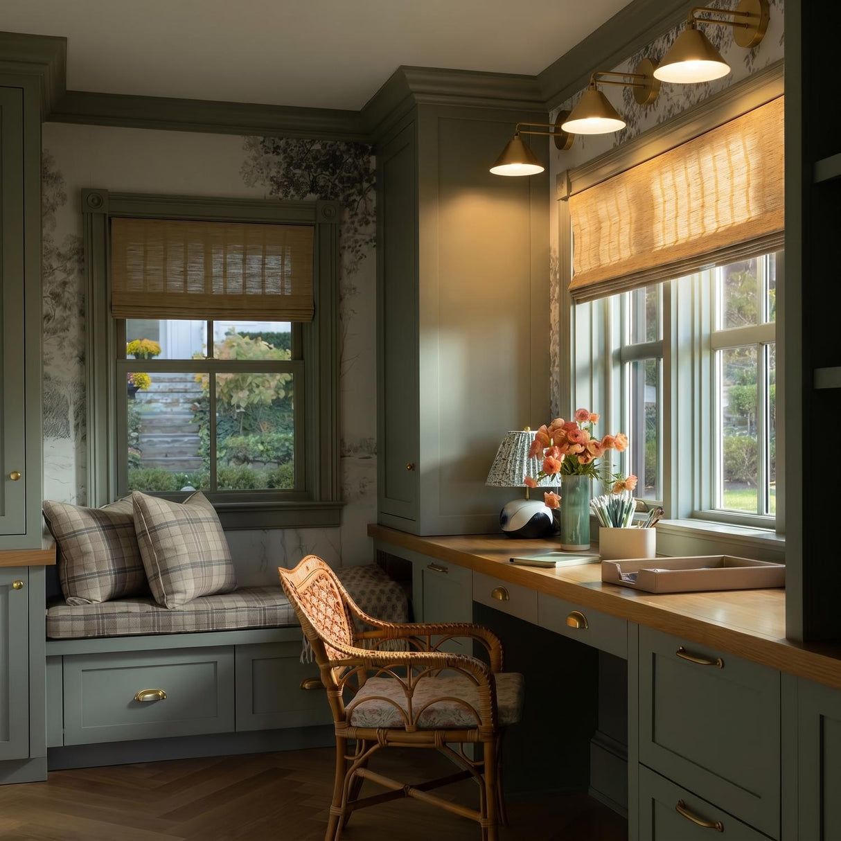 A traditional office featuring three satin brass wall sconces mounted along the perimeter above a wood desk with sage green cabinetry and scenic wallpaper.