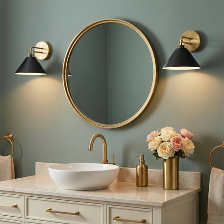 Nyra Wall Sconce 9", Satin Brass and Black for Modern Farmhouse home with Green Walls