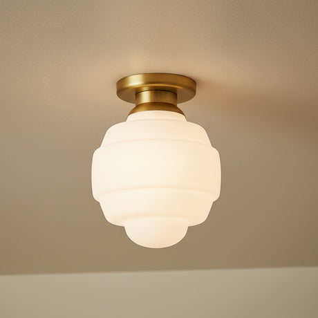 Irving Medium Flush Mount 12", Satin Brass for Modern home with Warm Beige Ceiling