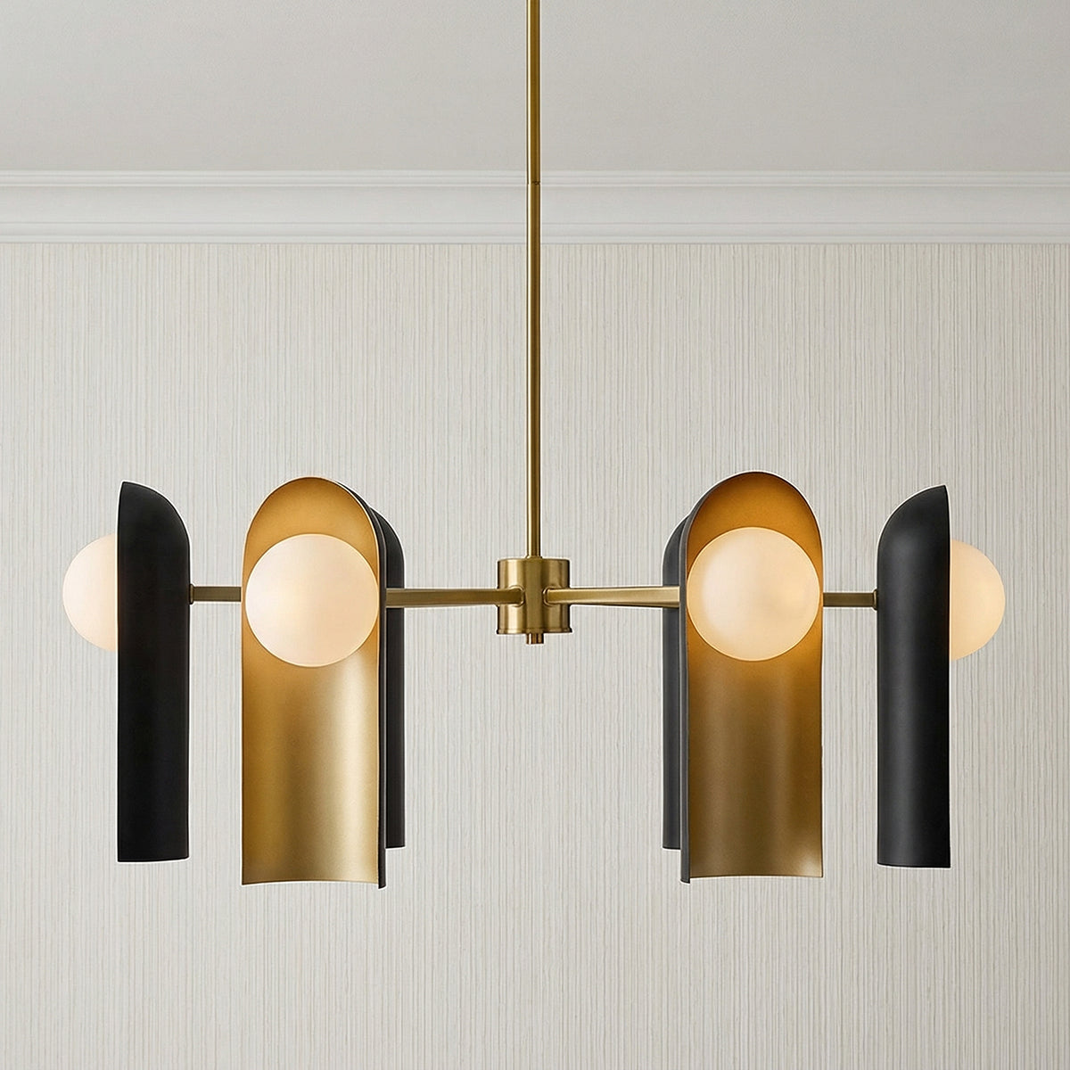 Kassidy 6 Light Chandelier 30", Black and Satin Brass for Modern home with White Wallpaper