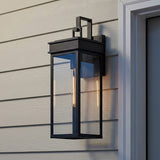 Monterey Outdoor Wall Light, Medium 18" Black Matte geometric Outdoor Wall in a Modern Farmhouse Outdoor with light gray siding.