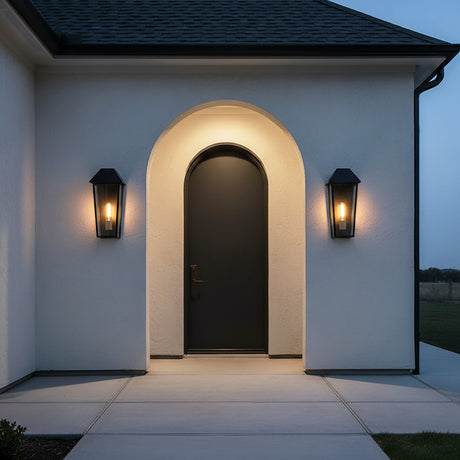 Lorimor Outdoor Wall Light, Medium 15" Black for Modern Farmhouse home with White Stucco