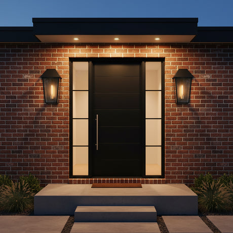 Lorimor Outdoor Wall Light, Large 19" Black - Two black outdoor wall lights flanking a modern black door.