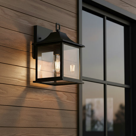Lorraine Outdoor Wall Light, Small 12" Black for Modern Farmhouse home with Brown Wood