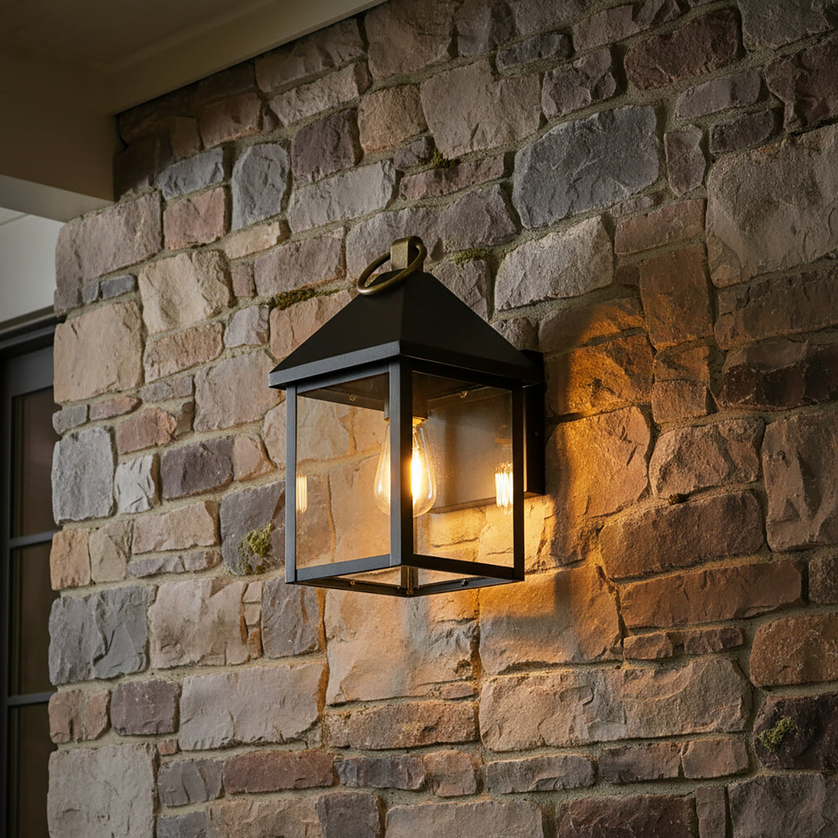 Jameson Outdoor Wall Light, Small 13" Black with Brass Accents for Farmhouse home with Stone