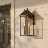 Jameson Outdoor Wall Light, Medium 18" Black with Brass Accents for Modern Farmhouse home with White Siding