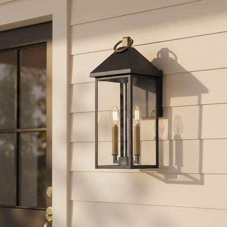 Jameson Outdoor Wall Light, Medium 18" Black with Brass Accents for Modern Farmhouse home with White Siding
