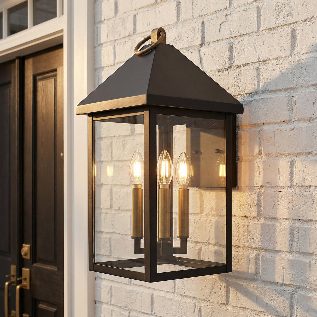 Jameson Outdoor Wall Light, Large 20" Black with Brass Accents for Modern Farmhouse home with White Brick