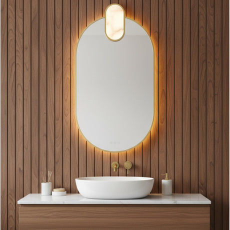 Palmer Medium LED Oval Mirror 21" x 39", Satin Brass and Alabaster