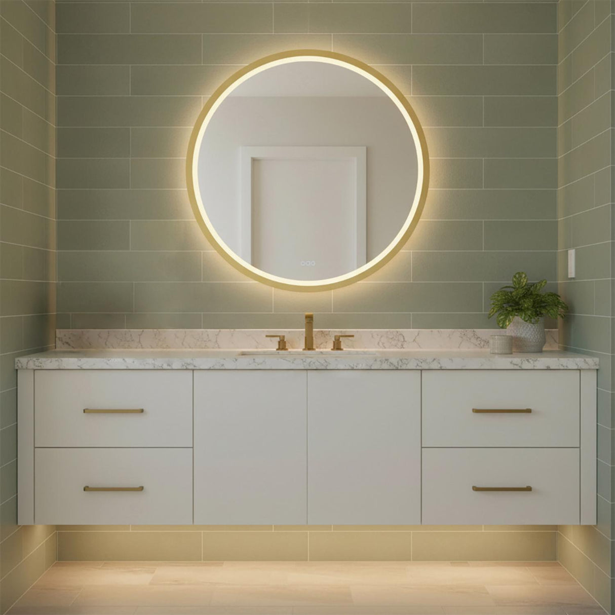 Norma Large LED Round Mirror 42" x 42", Brushed Brass