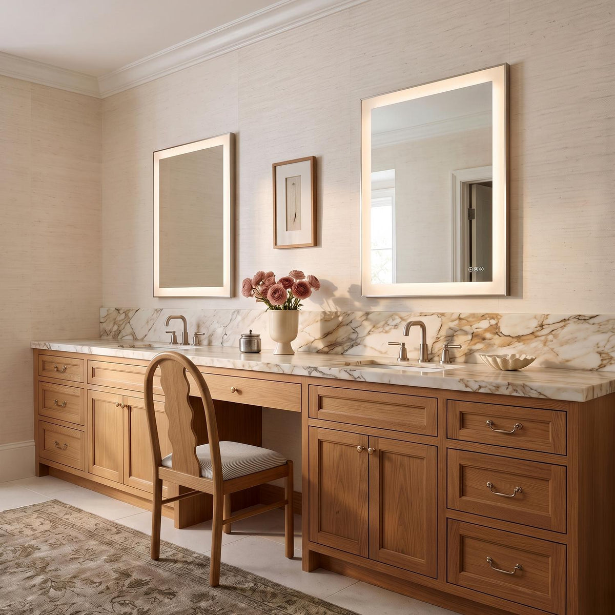 A transitional bathroom with two Demott Medium LED Rectangular 22" x 30", Brushed Nickel vanity mirrors mounted above a marble countertop and light oak double vanity.