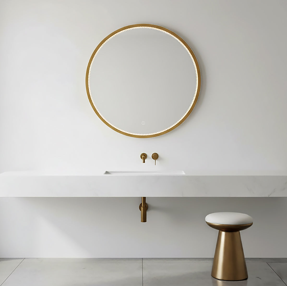 Mildred LED Round Mirror 30" x 30", Brushed Brass - A modern bathroom vanity with a round LED mirror