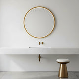 Mildred LED Round Mirror 30" x 30", Brushed Brass - A modern bathroom vanity with a round LED mirror