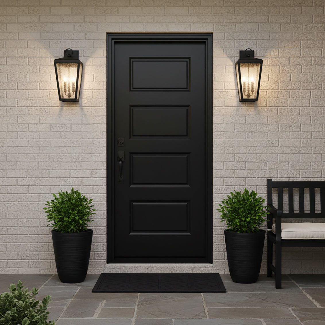 Barrett Outdoor Wall Light, Medium 20" Textured Black - Two black outdoor wall lights flank a black door