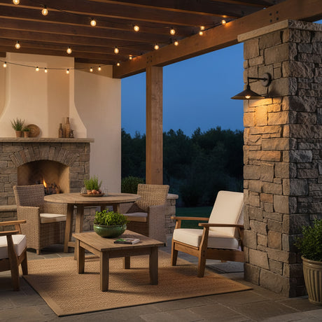 Artie Outdoor Wall Light, Medium Antique Bronze - An outdoor living space with a fireplace, wall sconce and string lights at dusk