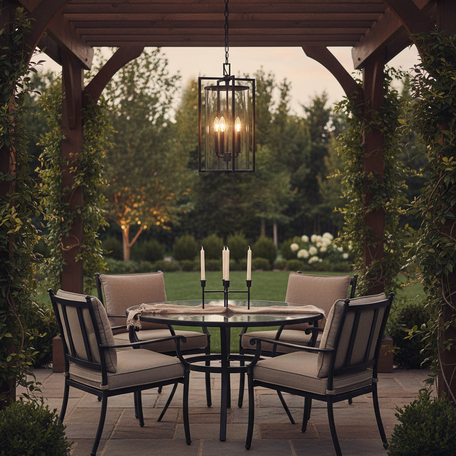 Peyton Outdoor Hanging Light 11, Textured Black - Outdoor seating area beneath a pergola.